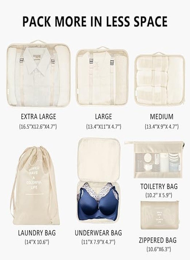 STESHWK Travel Packing Cosmetics Luggage Packing Organizers for Clothes, Cosmetics, Underwear, Socks, Shoes Toiletry Bag Suitcase Foldable Set of 7 (Beige) - Image 4
